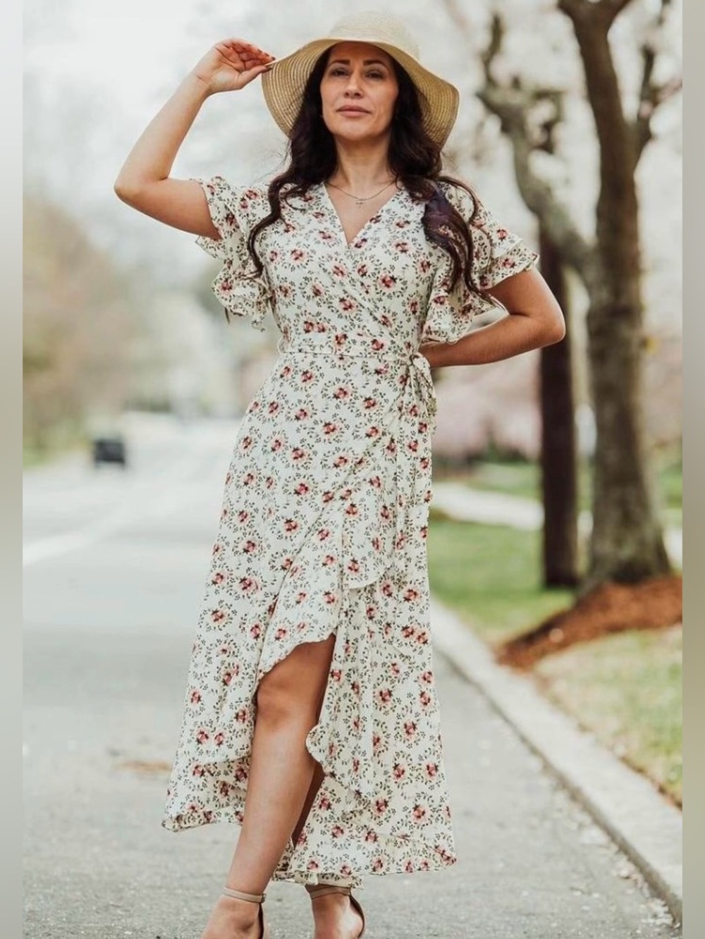 Max Studio Cream Floral Wrap Midi Dress